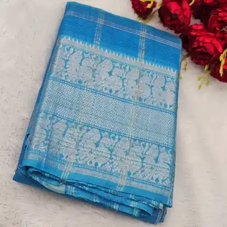 Sky Blue Mangalagiri Handloom Pure Silk Cotton Blend 300k Border Checks Saree