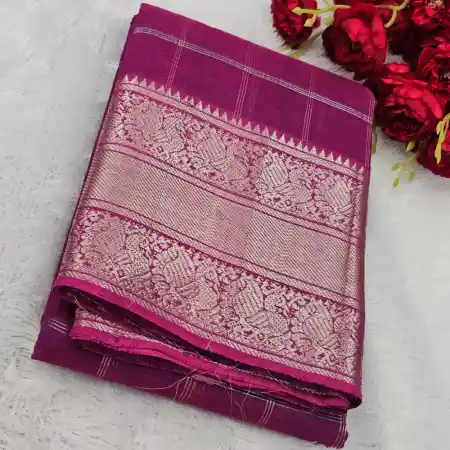 Grape Color Mangalagiri Handloom Pure Silk Cotton Blend 300k Border Checks Saree