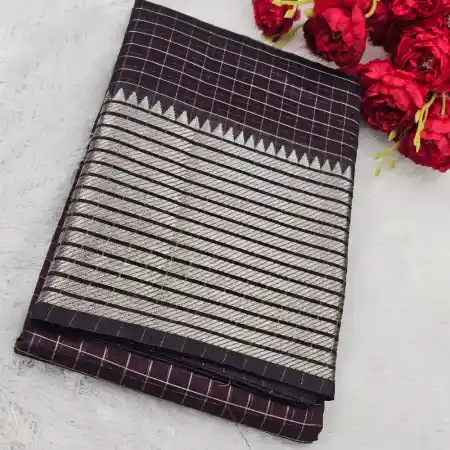 Dark Brown Mangalagiri Handloom Pure Silk Cotton Blend 300k Border Zari Checks Saree