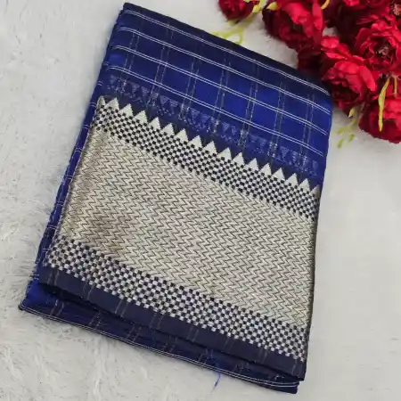 Royal Blue Mangalagiri Handloom Pure Silk Cotton Blend 300k Border Zari Checks Saree