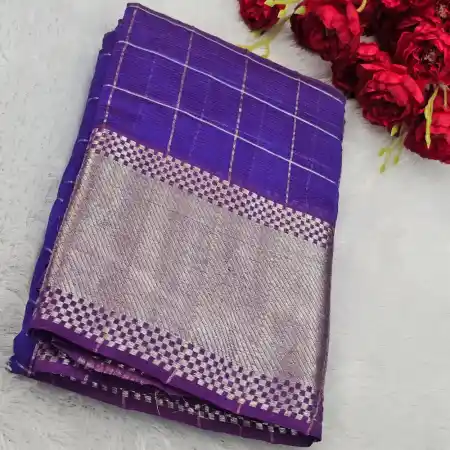 Violet Mangalagiri Handloom Pure Silk Cotton Blend 300k Border Zari Checks Saree