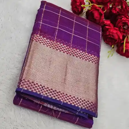 Violet Orange Mangalagiri Handloom Pure Silk Cotton Blend 300k Border Zari Checks Saree