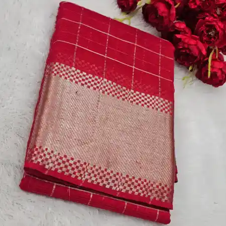 Red Mangalagiri Handloom Pure Silk Cotton Blend 300k Border Zari Checks Saree