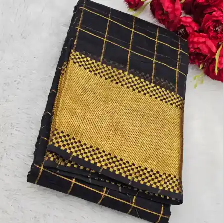 Black Mangalagiri Handloom Pure Silk Cotton Blend 300k Border Zari Checks Saree