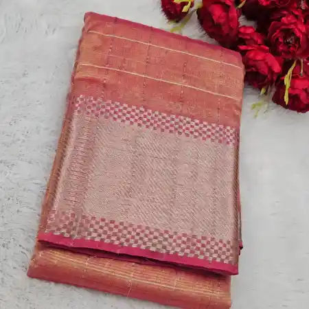 Peach Color Mangalagiri Handloom Pure Silk Cotton Blend 300k Border Zari Checks Saree
