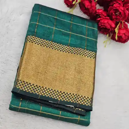 Pine Green Mangalagiri Handloom Pure Silk Cotton Blend 300k Border Zari Checks Saree