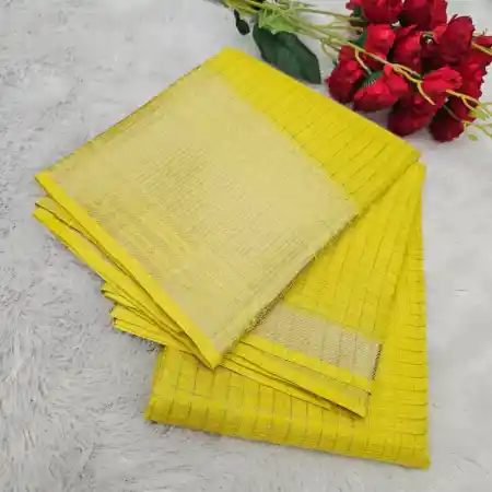 Lemon Yellow Mangalagiri Handloom Pure Silk Cotton Blend 300k Border Checks Saree