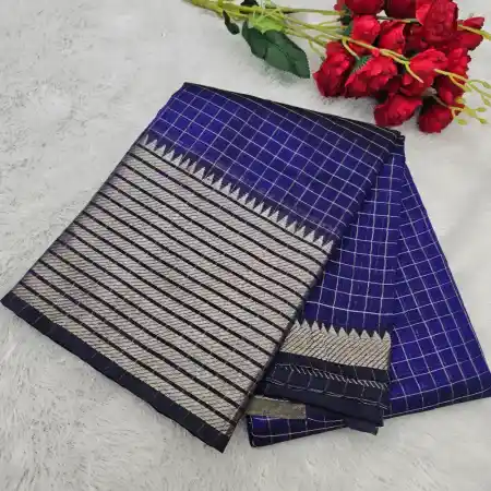 Dark Blue Mangalagiri Handloom Pure Silk Cotton Blend 300k Border Zari Checks Saree