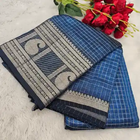 Steel Blue Mangalagiri Handloom Pure Silk Cotton Blend 300k Border Zari Checks Saree