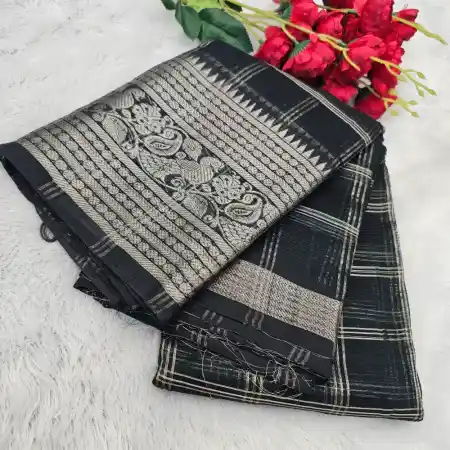 Dark Jungle Green Mangalagiri Handloom Pure Silk Cotton 300k Border Zari Checks Saree