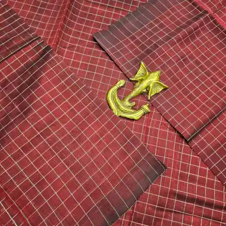 Dark Maroon Mangalagiri Handloom Pure Silk Cotton Blend Small Zari Checks Saree