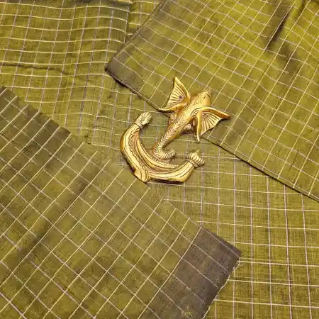Dark Olive Mangalagiri Handloom Pure Silk Cotton Blend Small Zari Checks Saree