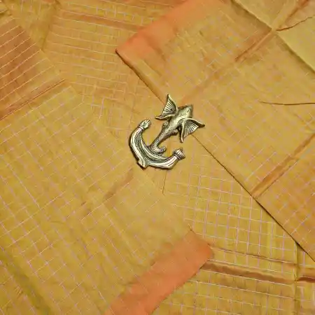 Yellow Orange Mangalagiri Handloom Pure Silk Cotton Blend Small Checks Saree
