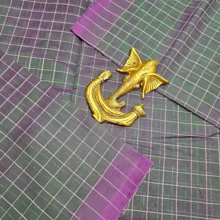 Purple And Green Mangalagiri Handloom Pure Silk Cotton Blend Small Zari Checks Saree