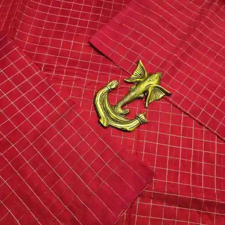 Dark Red Mangalagiri Handloom Pure Silk Cotton Blend Small Zari Checks Saree