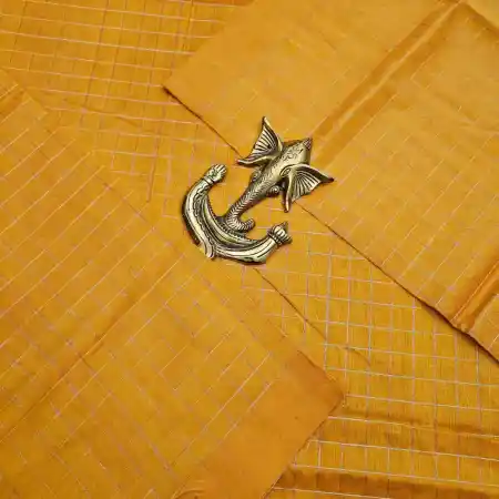 Dark Yellow Mangalagiri Handloom Pure Silk Cotton Blend Small Zari Checks Saree