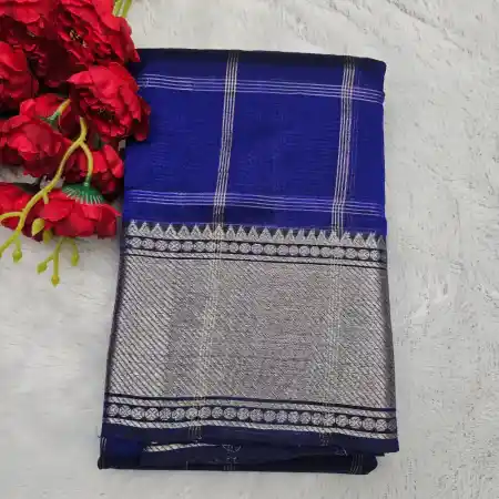 Royal Blue Mangalagiri Handloom Pure Silk Cotton Blend 150k Zari Checks Saree