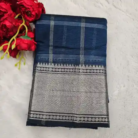 Steel Blue Mangalagiri Handloom Pure Silk Cotton Blend 150k zari Checks Saree