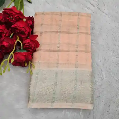 Light peach Mangalagiri Handloom Pure Silk Cotton Blend 150k Zari Checks Saree