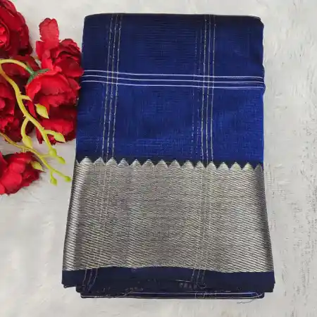 Navy Blue Mangalagiri Handloom Silk Cotton Blend 150k Border Checks Saree