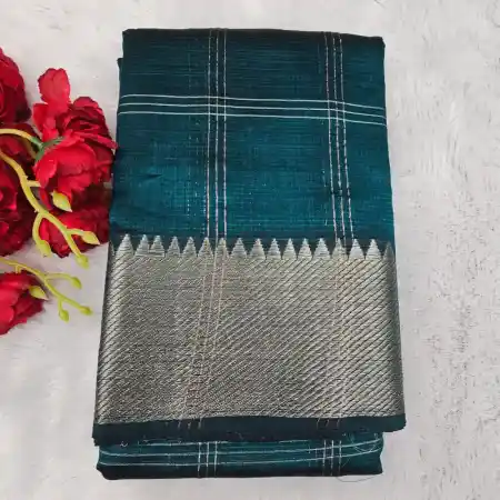 Steel Blue Mangalagiri Handloom Silk Cotton Blend 150k Border Checks Saree