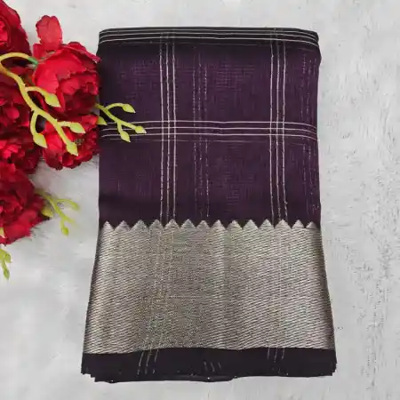 Brown Mangalagiri Handloom Silk Cotton Blend 150k Border Checks Saree