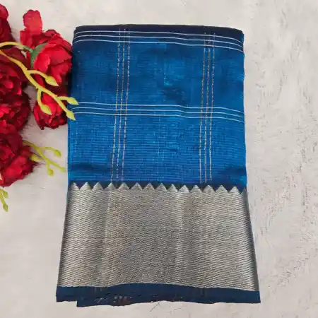 Peacock Blue Mangalagiri Handloom Silk Cotton Blend 150k Border Checks Saree